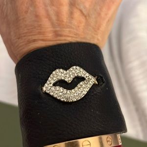 Leather cuff rhinestone lip bracelet - magnetic clasp